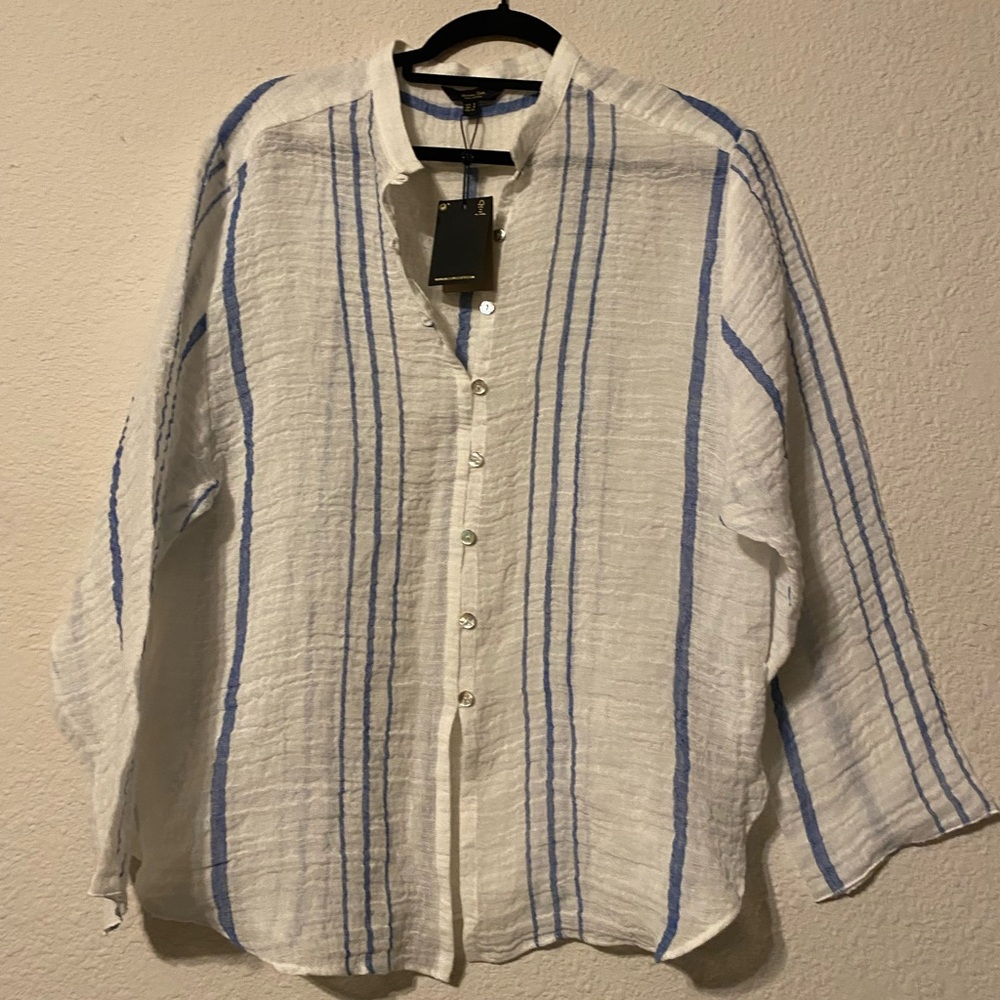 Massimo Dutti Top Linen Blend Striped Button Shirt Sz S